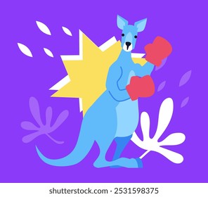 Kangaroo in boxing gloves - modern colored vector illustration with dangerous fighting animal from Australia, exotic fauna, safari, life in the zoo and mammal. Unusual opponent and cliches idea