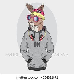 kangaroo boy dressed up in urban style and headphones  furry art illustration
