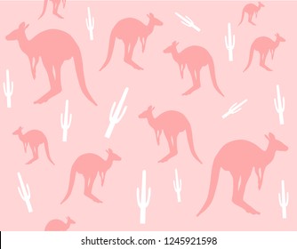 Kangaroo with cactus seamless pattern design with pink color. Camouflage kangaroo background.