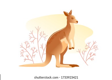 Kangaroo card flat illustration isolated on white background. Australian animal design template. Wallaby character standing in spines vector banner. Zoo postcard in kids style.