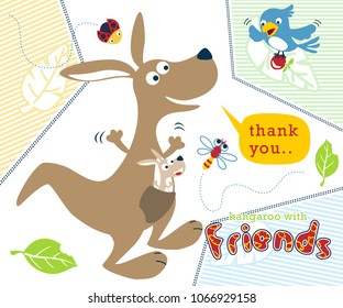 Kangaroo cartoon with bugs and bird. Vector cartoon illustration