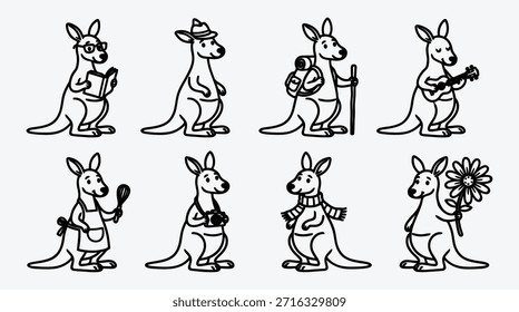 Personajes de dibujos animados de canguro en diferentes poses y actividades