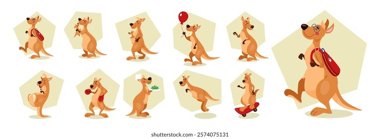 Kangaroo cartoon mascot. Animal cute character. Kid comic creature. Australian zoo. Gift banner on birthday. Children illustration of marsupial mammal. Mother with cub. Vector drawing tidy poses set