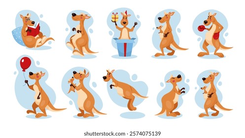 Kangaroo cartoon mascot. Funny Australia animal. Australian character jumps and stands with balloon. Pouch mother wallaby. Cute marsupials in zoo. Birthday gift. Vector tidy Safari creature poses set