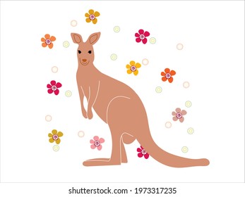 Kangaroo in a cartoon style framed by colorful circles and flowers. Illustration of kangaroo and flowers for a festive birthday mood.