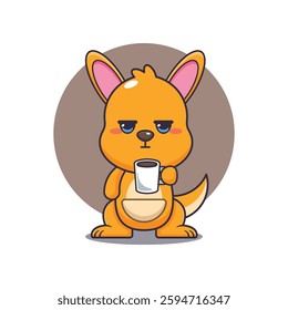 Kangaroo cartoon vector illustration is tired and sleepy holding coffee. 
design element for poster, brochure, web, mascot, sticker, logo and icon.
