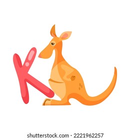 Kangaroo character with alphabet letter k vector illustration. Cute comic animal with ABC for preschool children book isolated on white background. Education concept