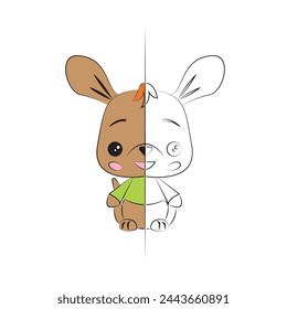 Kangaroo character coloring page for kids activity with exampe colors. Preschool activity pages for kids and toddlers. Kangaroo cute cahracter in doodle handdrawn style