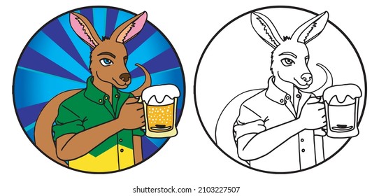 Carácter canguro con una camisa verde y amarilla sosteniendo un gran vaso de cerveza en la mano dentro de un círculo azul. ilustración vectorial.