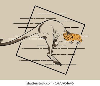Kangaroo and cheetah are running. Creative drawing of two savannah inhabitants. Postcard or poster print idea with wild animals. Illustration of a kangaroo with cheetah head in a black frame. 