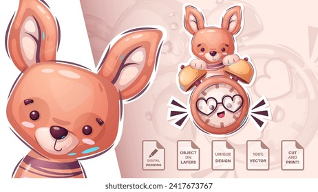 Kangaroo and Clock Cartoon Characters. Cute Amimal. Clock Illustration for Kids. Vector eps 10