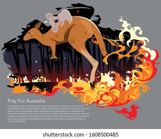 Canguro con coala en la espalda corriendo de la quema de fuego salvaje. Animales ardientes de fuego salvajes con texto Rezar por el vector e ilustrador de Australia.