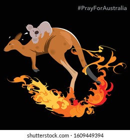 Kangaroo with coala on back running from wild fire burning on black with text Pray for Australia  Vector and Illustrator.