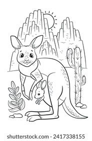 Kangaroo coloring book. Animals outline. Kangaroo vector. Mother kangaroo with her little cute baby.