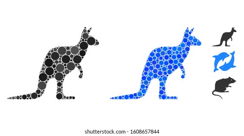 Kangaroo composition of small circles in various sizes and color tints, based on kangaroo icon. Vector small circles are grouped into blue mosaic. Dotted kangaroo icon in usual and blue versions.