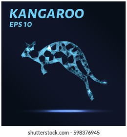 Kangaroo consists of points, lines and triangles. The polygon shape in the form of a silhouette of a kangaroo on a dark background. Vector illustration. Graphic concept kangaroo.