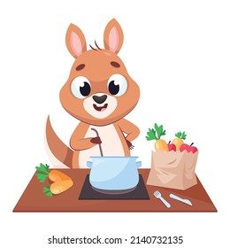 Kangaroo cooking soup on gas stove cartoon vector illustration. Pretty mammal preparing dinner or lunch, stirring vegetable soup. Wildlife animal, marsupial, food concept