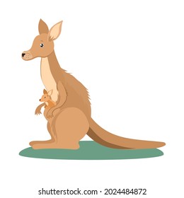 Kangaroo with a cub in his pocket. Children's illustration isolated on white background.