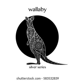 Kangaroo decoration. Australian animal print silver foil on a black background. Vector illustration art. Linear image. Motifs of flowers, leaves, geometry. Black and white.
