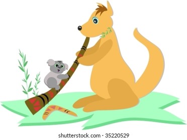 Kangaroo with Didgeridoo and Koala Bear Vector