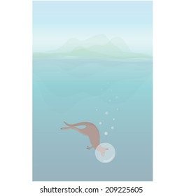 Kangaroo diver on a big ocean wave, background mountain 