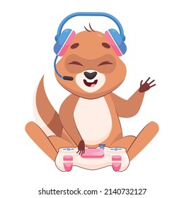 Kangaroo at DJs console cartoon vector illustration. Happy mammal in headset dancing, singing, playing music and having fun. Wildlife animal, marsupial, party concept