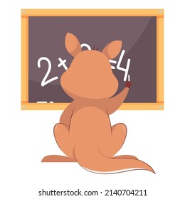 Kangaroo doing sums on chalkboard cartoon vector illustration. Back view of mammal studying, learning math at school. Wildlife animal, marsupial, education concept