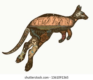 Kangaroo double exposure color tattoo and t-shirt design. Symbol of Australia, travel and tourism 