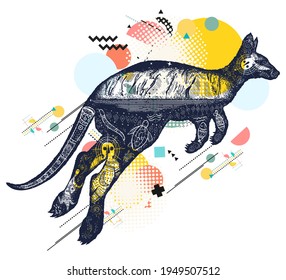 Kangaroo double exposure. Symbol of Australia, travel and tourism. Zine culture concept. Hand drawn vector glitch tattoo, contemporary cyberpunk collage. Vaporwave art 