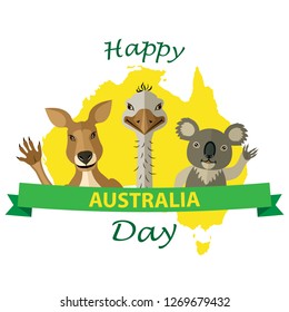 Kangaroo, emu, koala and the continent of Australia with the text banner of the national colors of Australia for International Australia Day.