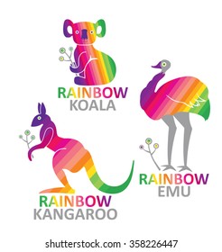 Kangaroo, emu, koala - vector design template colors of rainbow.