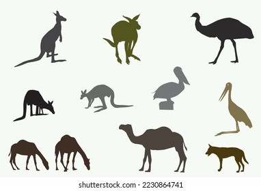 kangaroo emu pelican camel dingo jabiru done as a silhouette