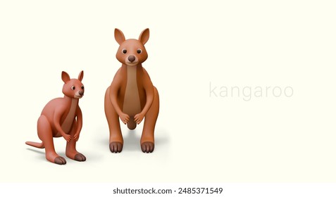 Kangaroo family. Dad and baby. Wildlife concept. Banner with 3D illustration