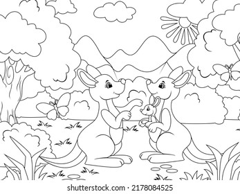 Familia canguro en el bosque. Naturaleza australiana. Vector, página para niños imprimibles libro de colorear.