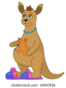 Kangaroo family, mum in slippers and baby, isolated