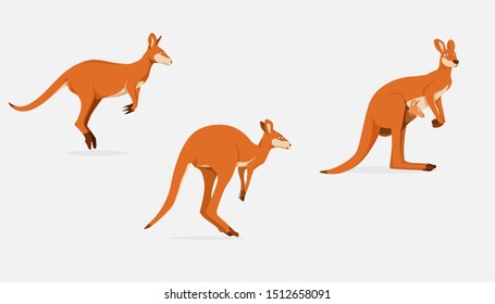 Kangaroo Female With Joey In Pouch Vector Illustration, Side View, and Jumping