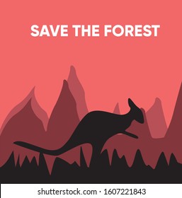 Kangaroo in fire. Forest burns. Save the forest poster. Vector illustration