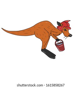 A kangaroo in a fire helmet with a bucket of water runs. .Vector illustration on a white isolated background. Design for postcards and banners.animal