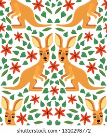 Kangaroo and flowers seamless vector pattern