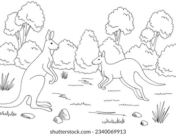 Kangaroo in the forest graphic black white sketch illustration vector