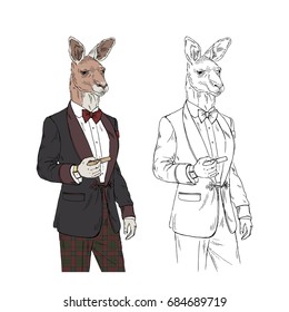 kangaroo gentleman with cigar, furry art illustration, fashion animals