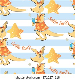 Kangaroo girl seamless vector pattern. Selfie fan)) collection