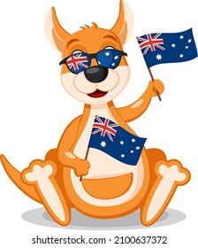 Kangaroo con gafas sostiene la bandera australiana. Carácter, Día de Australia