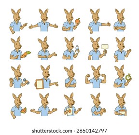 Kangaroo guide fitness instructor character set showing healthy lifestyle with fruit, water, sport equipment, motivational signs and positive hand gestures for yours designs projects