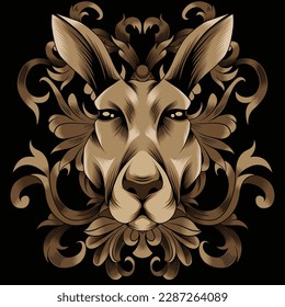 kangaroo head illustration with baroque ornament