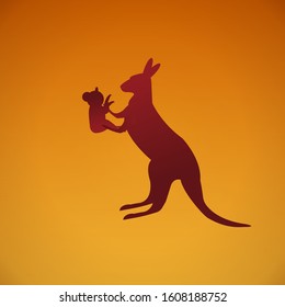 Kangaroo hold a baby Koala on the arm during fire in the forest in yellow and red shade background.