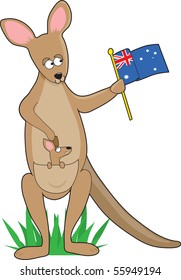 A kangaroo holding an Australian flag. There is a joey in her pouch. It is shaped like the letter K