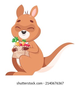 Kangaroo holding package with fruits. Cute mammal with closed eyes standing on white background cartoon vector illustration. Wildlife animal, marsupial, food concept