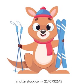 Kangaroo holding skis and sticks cartoon vector illustration. Excited kangaroo in hat getting ready for physical activity. Wildlife animal, marsupial, sport concept