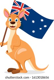 Kangaroo holds the flag of Australia on a white background. Character, Australia day